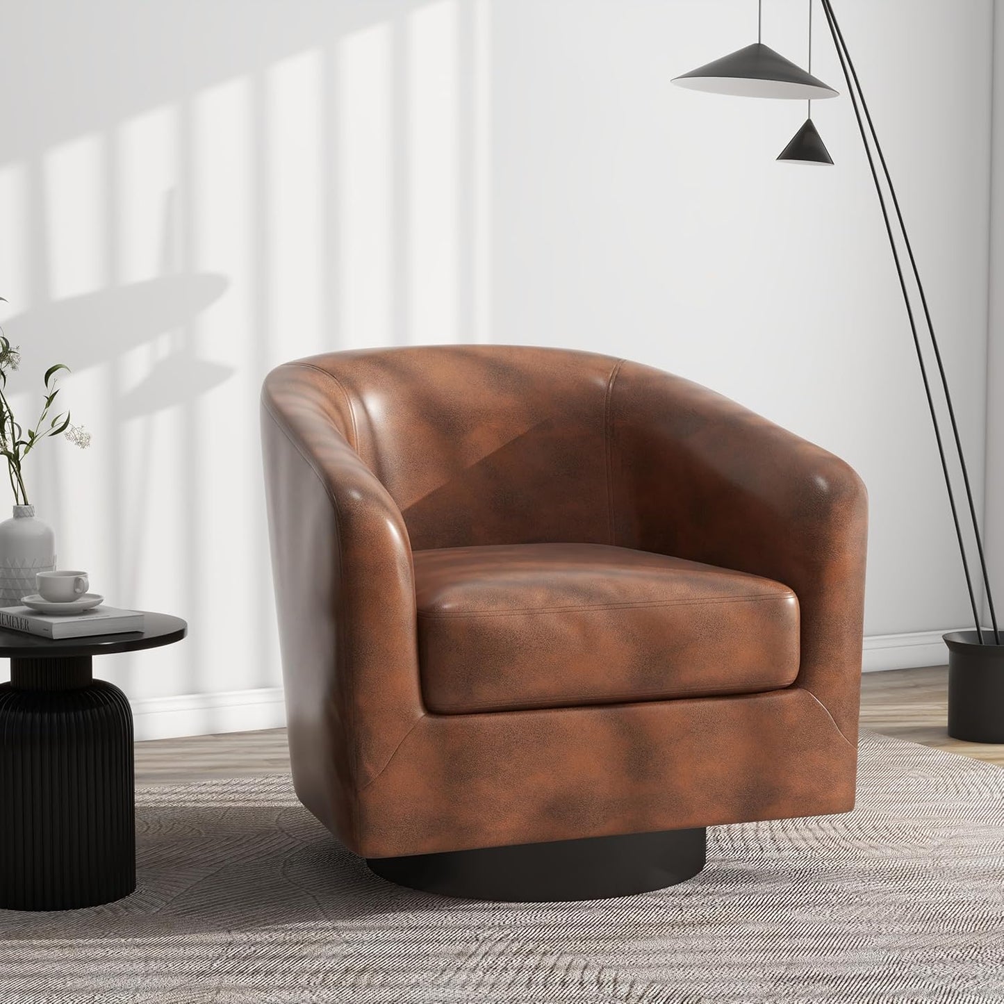 Swivel Barrel Accent Chair, Modern Round Faux Leather Arm Chair for Living Room, Bedroom, Comfy Club Reading Chairs for Adults(Faux Leather, Coffee, Set of 1)