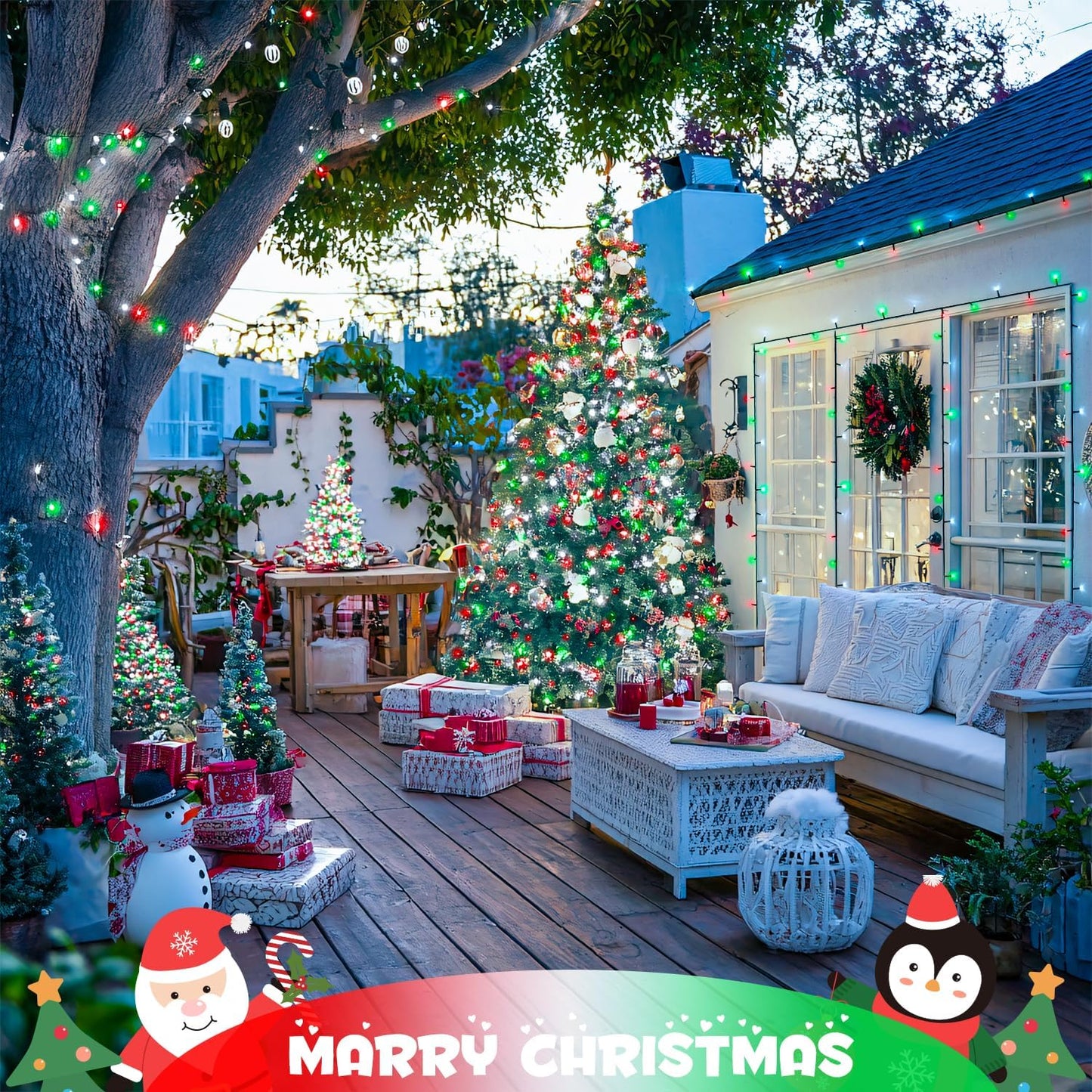 JMEXSUSS Red White and Green Christmas Lights, 2 Pack 100 LED 33 FT Solar Christmas Lights Outdoor Waterproof, Outdoor Solar String Lights for Outside Garden Yard Christmas Tree Decor