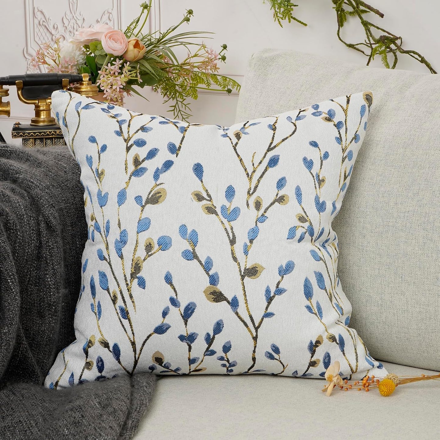 YOUR SMILE Classical Embroidery Jacquard Blue Square Decorative Throw Pillow Case Cushion Cover 18x18 inch