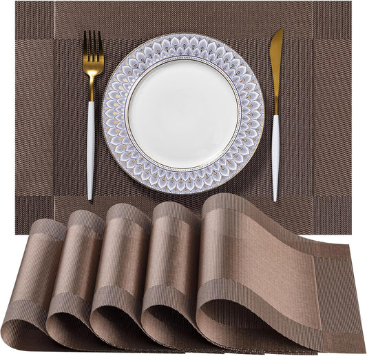 LEXMORE Placemats Set of 4 Vinyl/Plastic Woven Place Mats for Kitchen Table Indoor/Outdoor Washable Placemat Wipeable Dining Table Mats(Brown Cube)