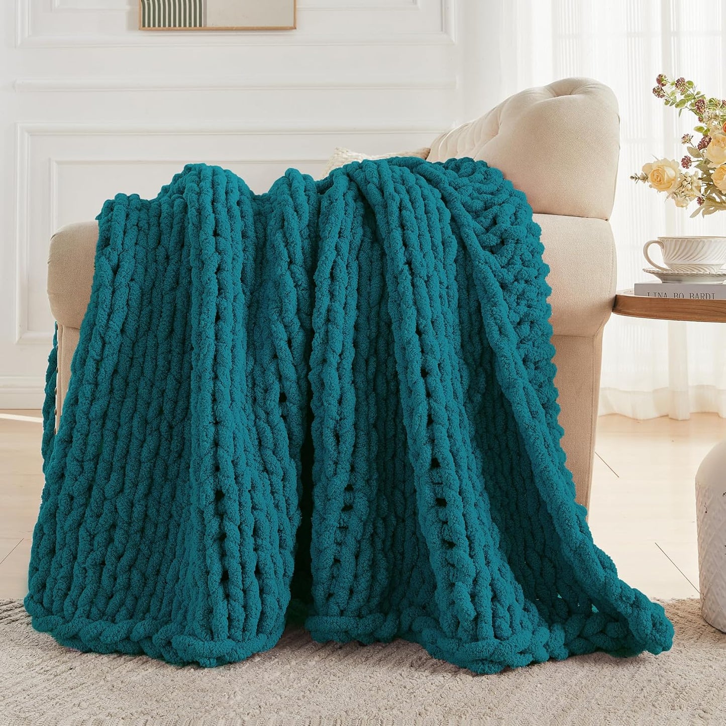 Carriediosa Chunky Knit Throw Blanket 50" X 60", 100% Hand Made Large Chenille Loop Yarn Soft Fluffy Throws for Couch Sofa Bed, Big Crochet Cozy Heavy Thick Cable Woven Blankets, Teal