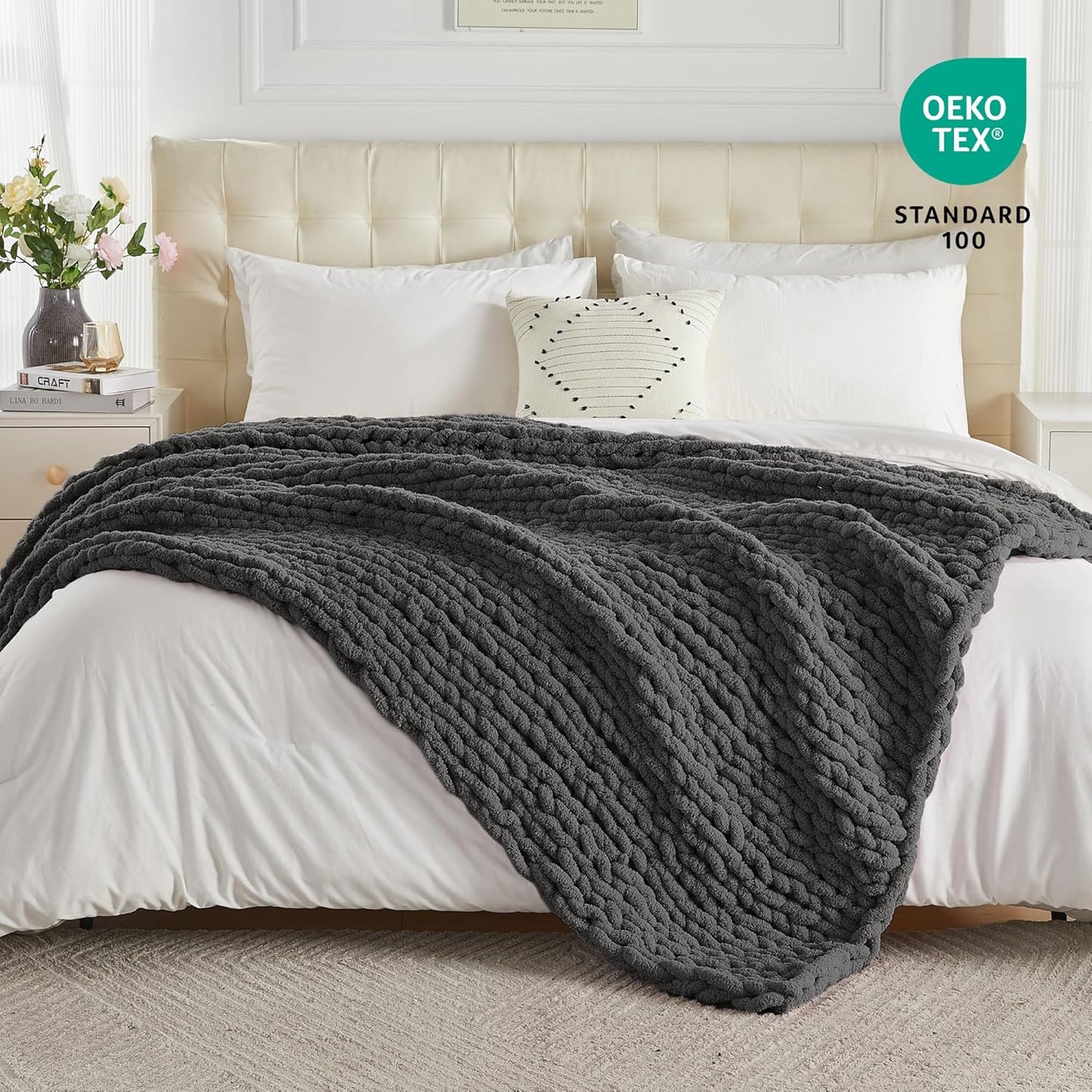Carriediosa Chunky Knit Throw Blanket 60" X 80" Twin, 100% Hand Made Large Chenille Loop Yarn Soft Fluffy Throws for Couch Sofa Bed, Big Crochet Cozy Heavy Thick Cable Woven Blankets, Dark Grey