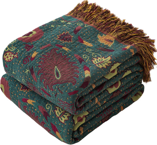 Boho Throw Blanket Full Size, Extra Large Soft Cozy Cotton Muslin Quilt Blanket for Bed Decor, Floral Patterned Couch Sofa Chair Cover, Vintage Farmhouse Cottage Woven Blanket, Green&Orange
