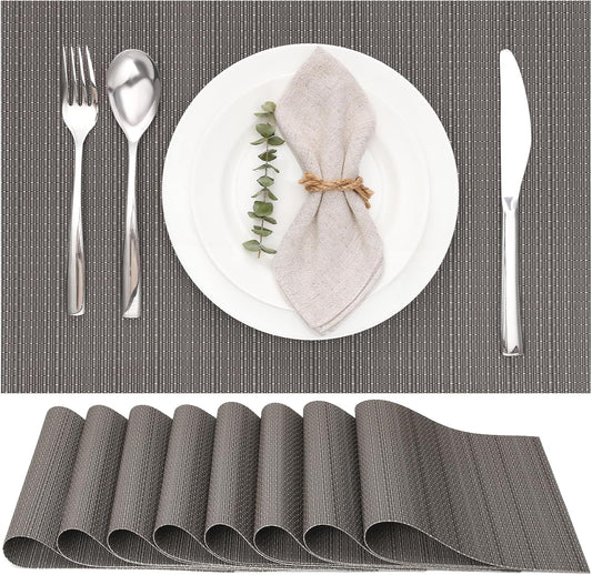 Myir JUN Placemats Set of 8, Vinyl Woven Placemats Place Mats Indoor Set of 8 Washable Table Mats Non-Slip Place mats for Dining Table (Dark Gray, Set of 8)