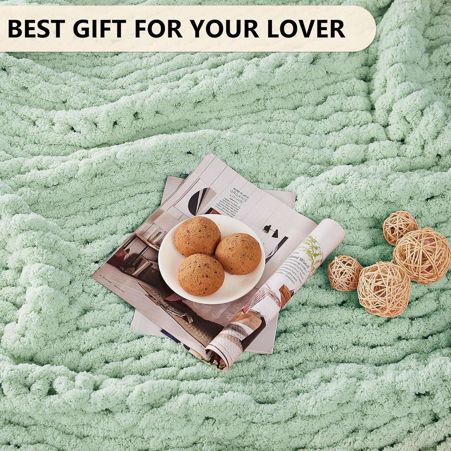 L'AGRATY Chunky Knit Blanket Throw: 50''x60'' Chenille Chunky Knitted Throw Blanket for Bed Couch - Handmade Thick Big Cable Knit Blanket - Large Crochet Rope Blanket for Home Decor(Milky Green)