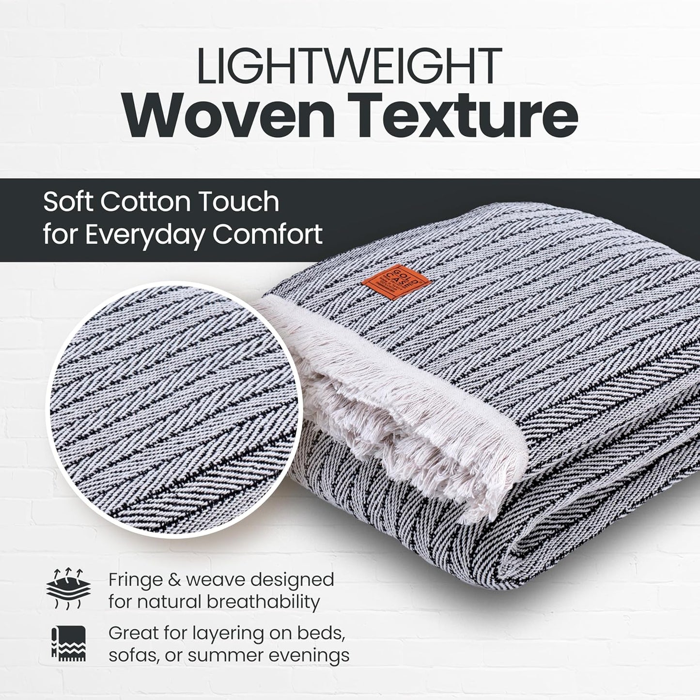 Gold Case Throw Blanket for Bed – 100% Recycled Turkish Cotton Bed Blanket – Decorative Throw Cotton Blankets for Living Room & Bedroom – Woven Twin Blankets - 71x90 - Black