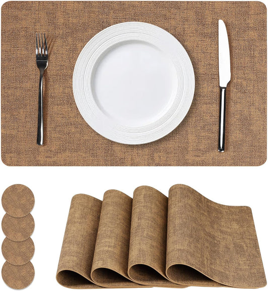 Vinyl Placemats Set of 4, Faux Leather Waterproof and Heat Resistant Place Mats, Washable Anti-Slip Table Mats with Coaster, Wipeable Placemats for Indoor & Outdoor 17" x 12" (Light Brown, Set of 4)