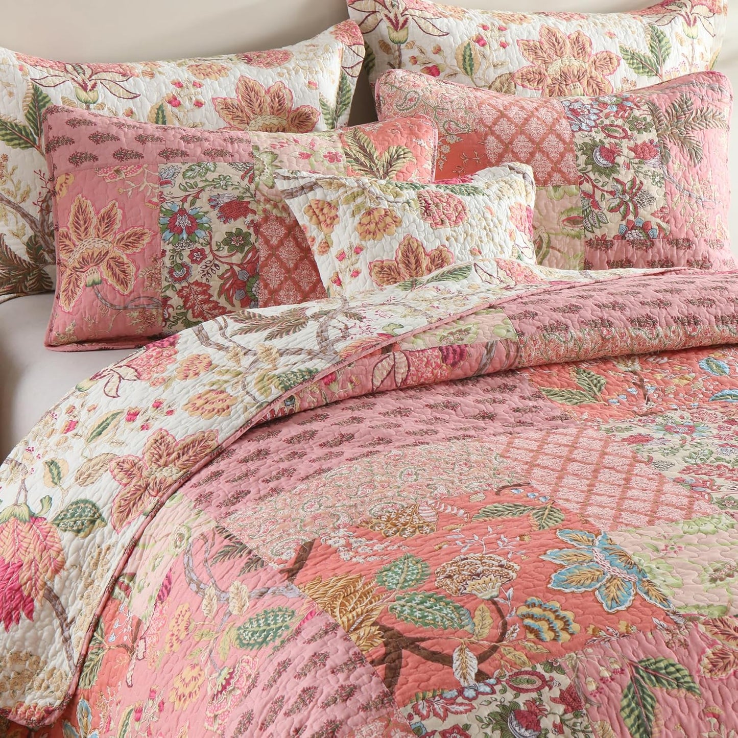 NEWLAKE Cotton Patchwork Bedspread, 3-Piece Bedding Quilt Set with Real Stitched Embroidery, Reversible Matelasse Bed Coverlet Set,Bohemian Floral,California King Size
