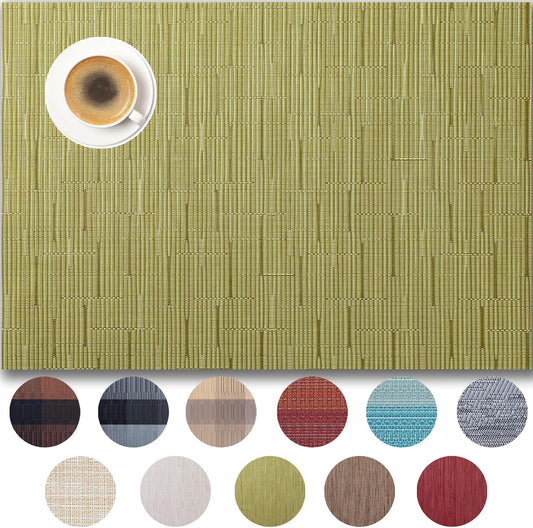 Placemats Set of 8 - Easy Clean Woven Vinyl Placemats for Dining Table, Indoor/Outdoor Place Mats, Washable PVC Table Mats （Pea Green）