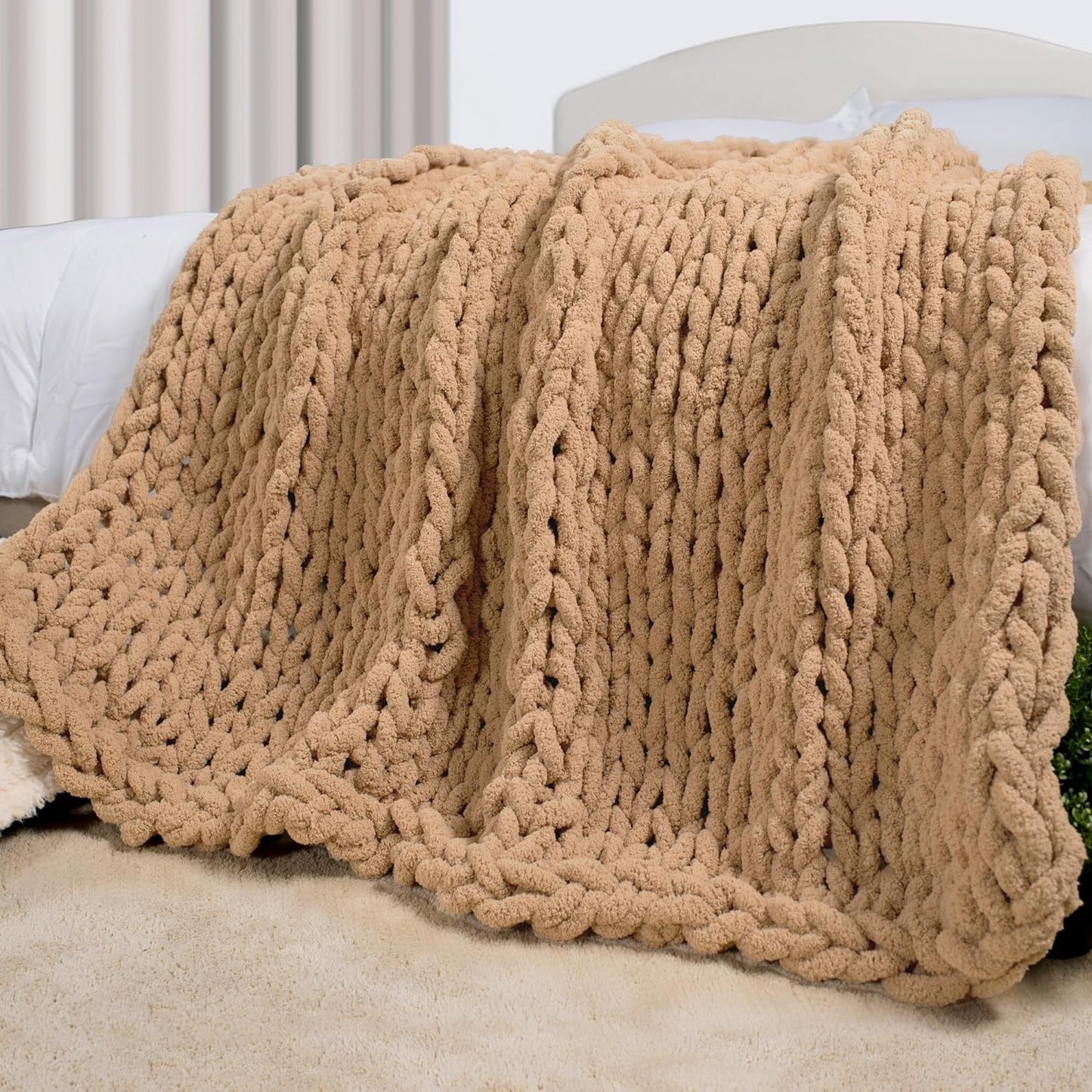 Carriediosa Chunky Knit Throw Blanket 50" X 60", 100% Hand Made Large Chenille Loop Yarn Soft Fluffy Throws for Couch Sofa Bed, Big Crochet Cozy Heavy Thick Cable Woven Blankets, Tan Brown