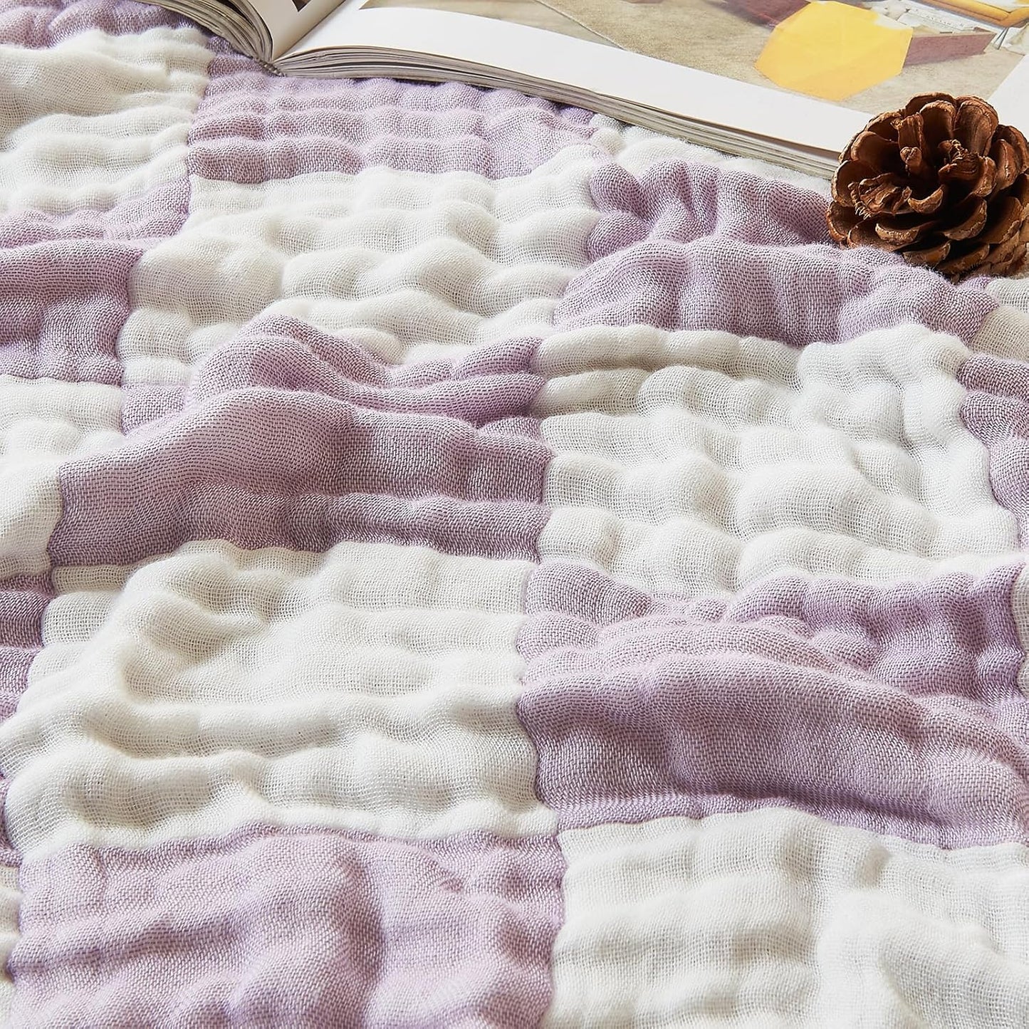 EMME Checkered Cotton Blanket Queen Size for Bed Soft Large Muslin Bed Blankets 80"x90" Lightweight Breathable Cooling All Season, Lavender