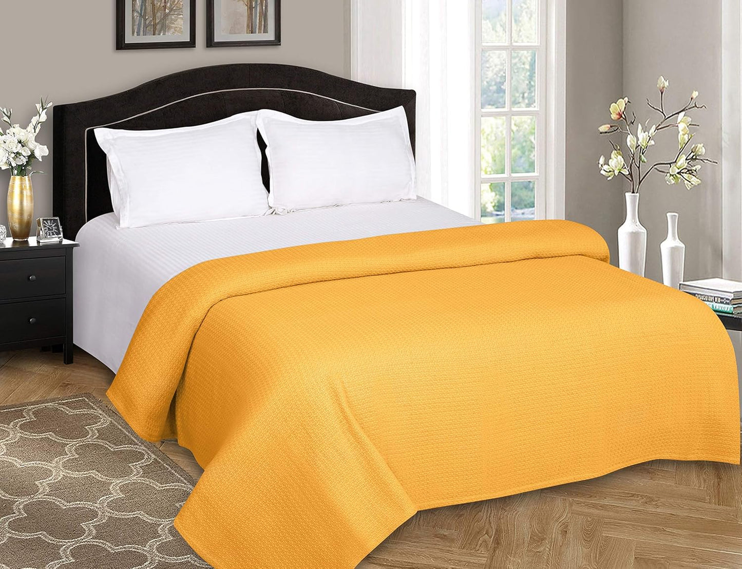 BELIZZI HOME 100% Cotton Bed Blanket, Breathable Bed Blanket Full Queen Size, Cotton Thermal Blankets Full Queen, Perfect for Layering Any Bed for All Season, Mustard Yellow