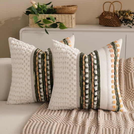 Boho Chenille Tufted Couch Throw Pillow Covers 18x18 Inch Set of 2 Farmhouse Striped Decorative Pillow Covers Accent Neutral Pillowcase Dark Green Cushion Cover for Living Room Sofa Bed