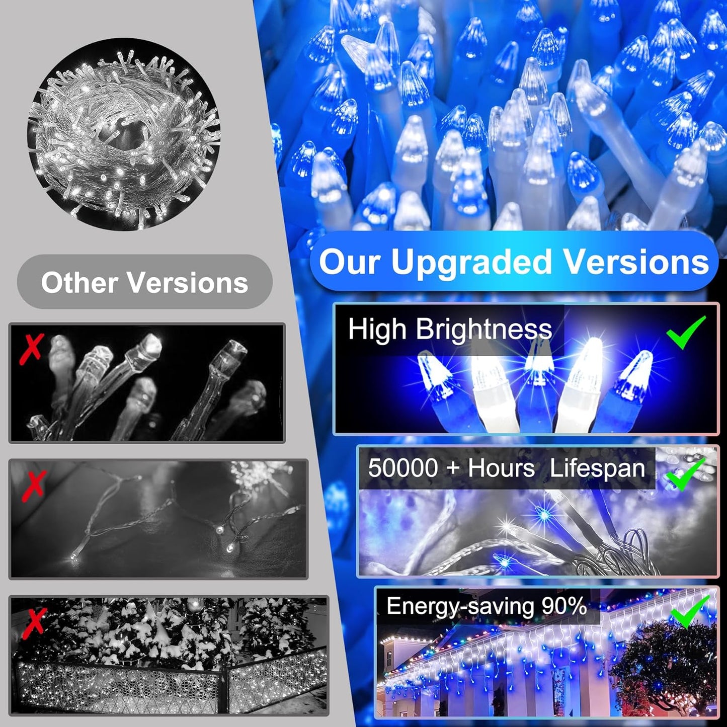 504LED 50ft Christmas Lights, 112Drops 12 Modes Christmas String Lights Outdoor Dimmable, Waterproof Christmas Decorations Fairy Lights with Timer Memory for Party Patio Window Fence Blue & CoolWhite