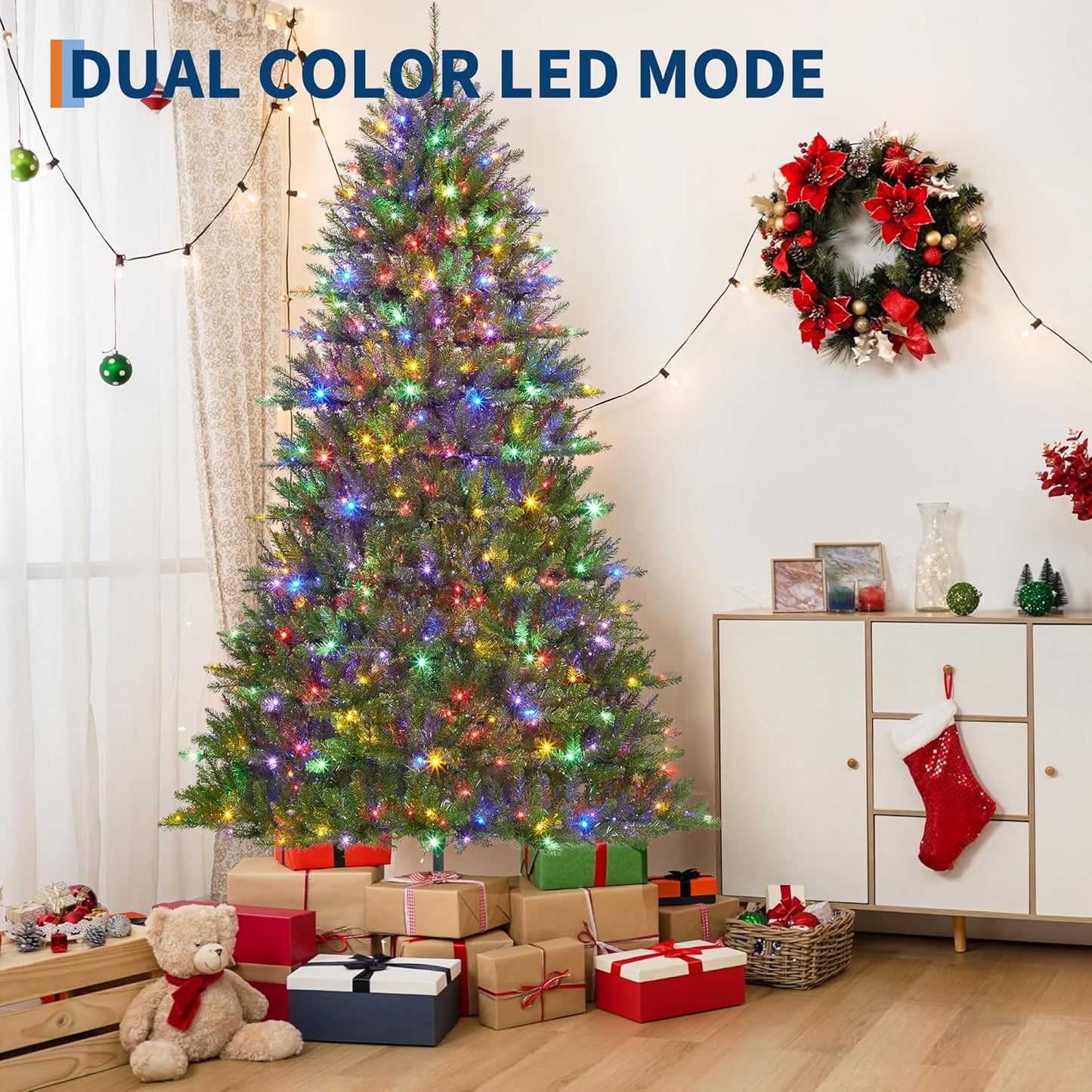 9FT Pre-Lit Artificial Christmas Tree with Color Lights,Green PE & PVC Artificial Xmas Tree,Easy Assembly, Full Branch Tips& Foldable Stand for Home, Office, Party Decoration for Xmas Holiday