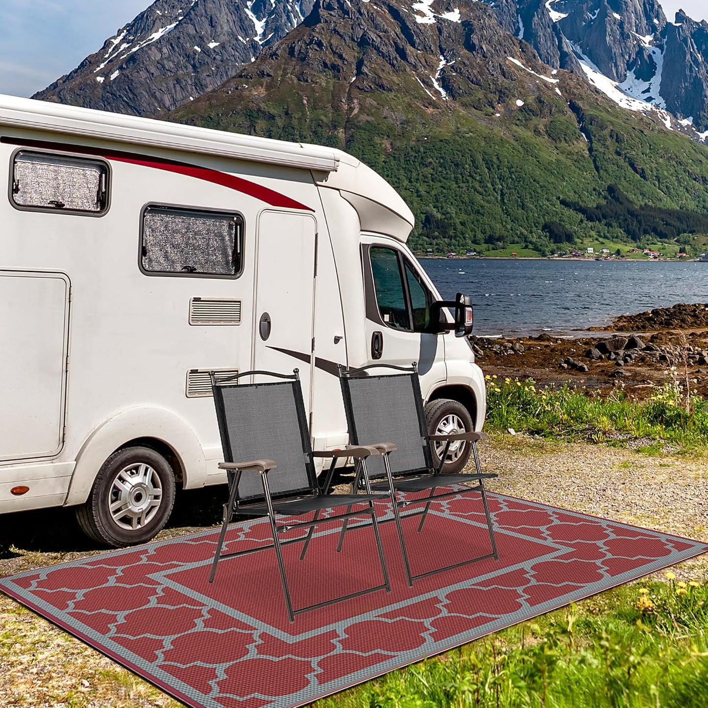 GENIMO 6' x 9' Outdoor Rug Waterproof for Patio Decor, Foldable Reversible Plastic Straw Area Rugs Mat for Camper, Outside Carpet for Rv, Deck, Porch, Picnic, Beach, Balcony, Red & Grey