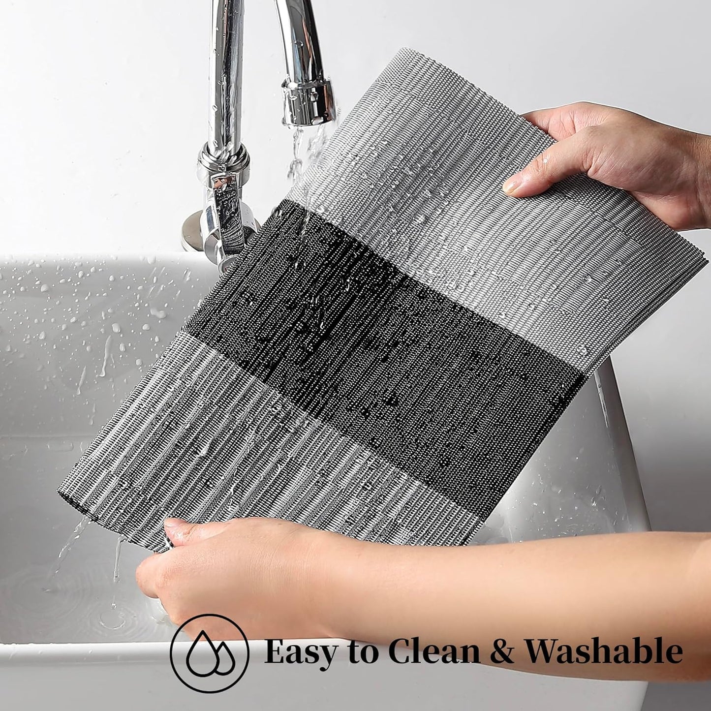 Leetaltree Grey with White Striped Placemats Set of 12 - Heat Resistant Non-Slip Place mats for Dining Table, Washable Durable PVC Vinyl Woven Table Mats（Grey Stripe, 12）