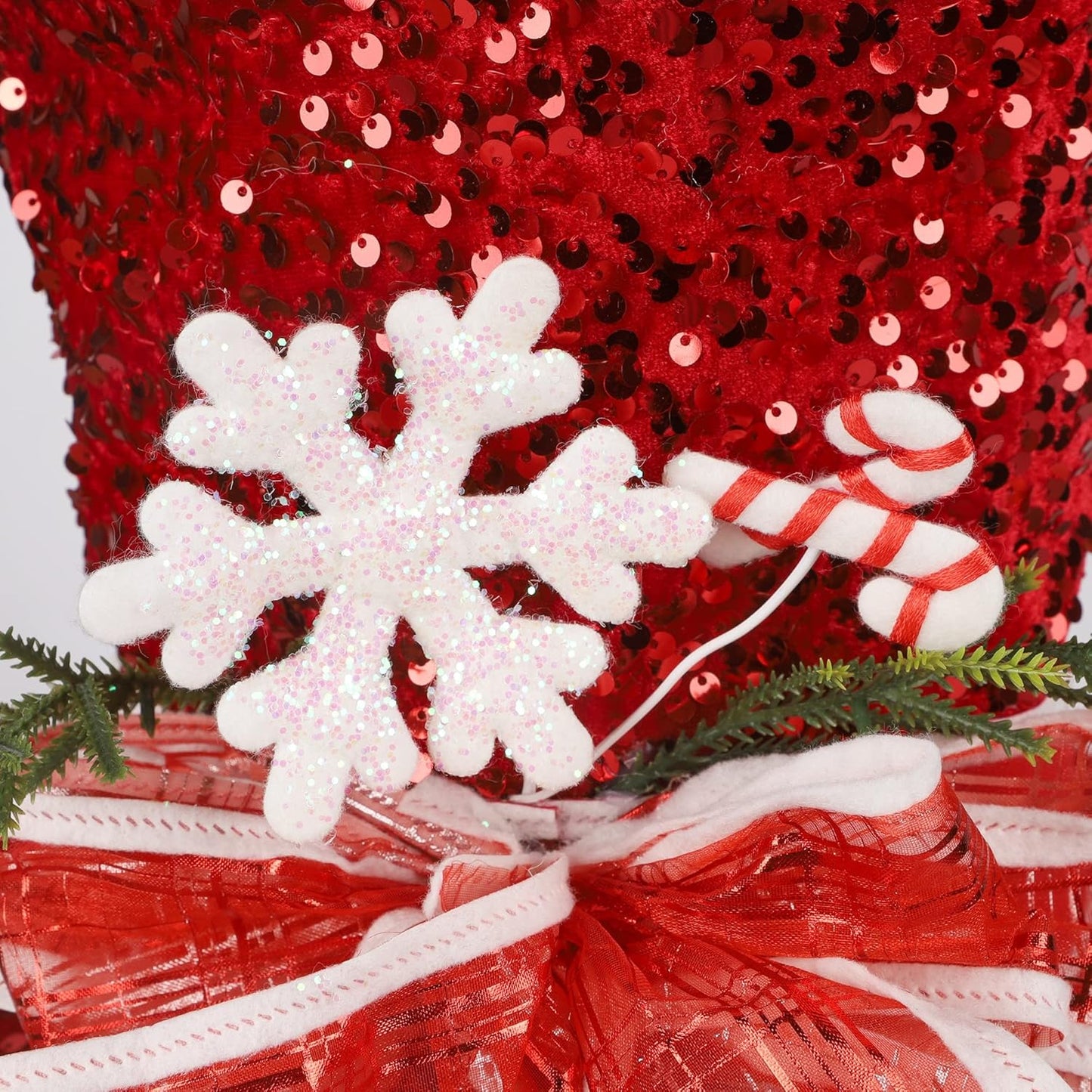 Prsildan Christmas Tree Topper Hat, Large Red Sequins Top Hat with Bow Ribbon and Snowflake, Christmas Decorations for Xmas Tree Snowman, Desktop Ornaments Holiday Home Decor