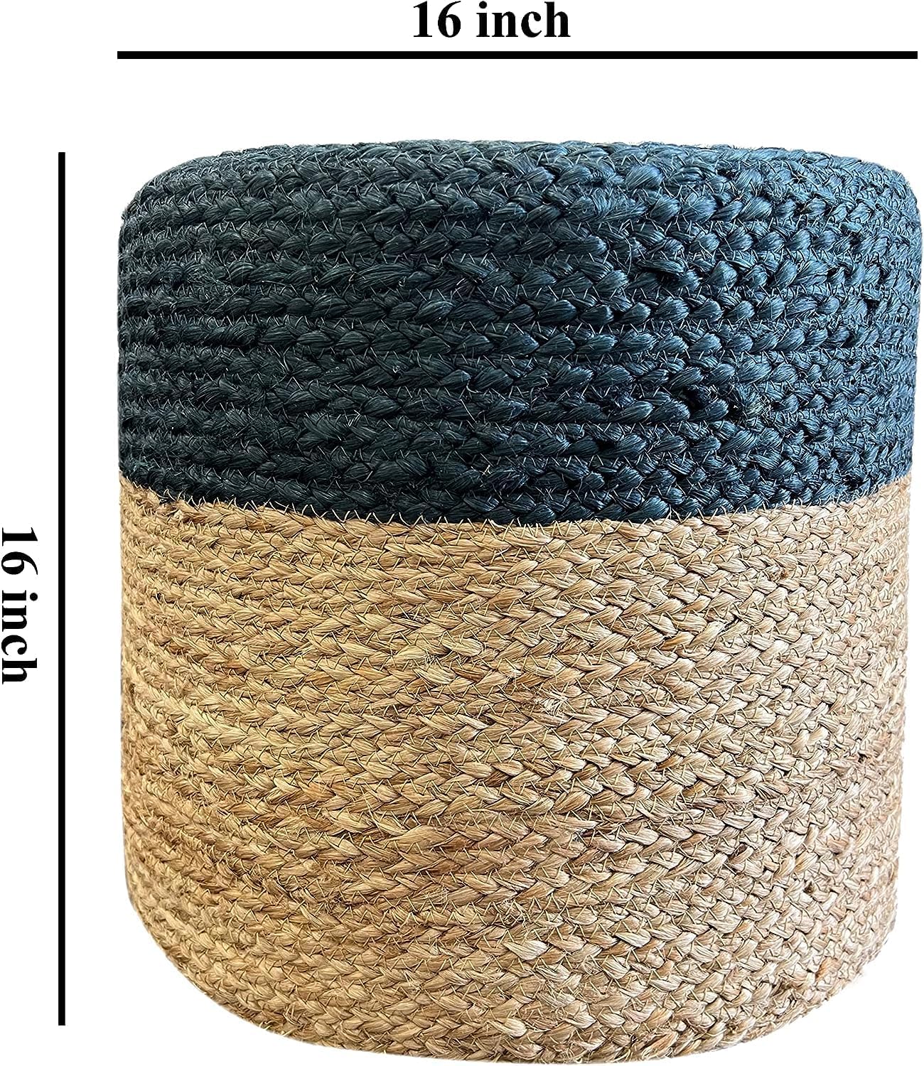 Jute Pouf Ottoman | Footrest Pouf | Hand Braided - Round Boho Pouffe - for Living Room, Bedroom, Nursery (16"x16"x16") Navy