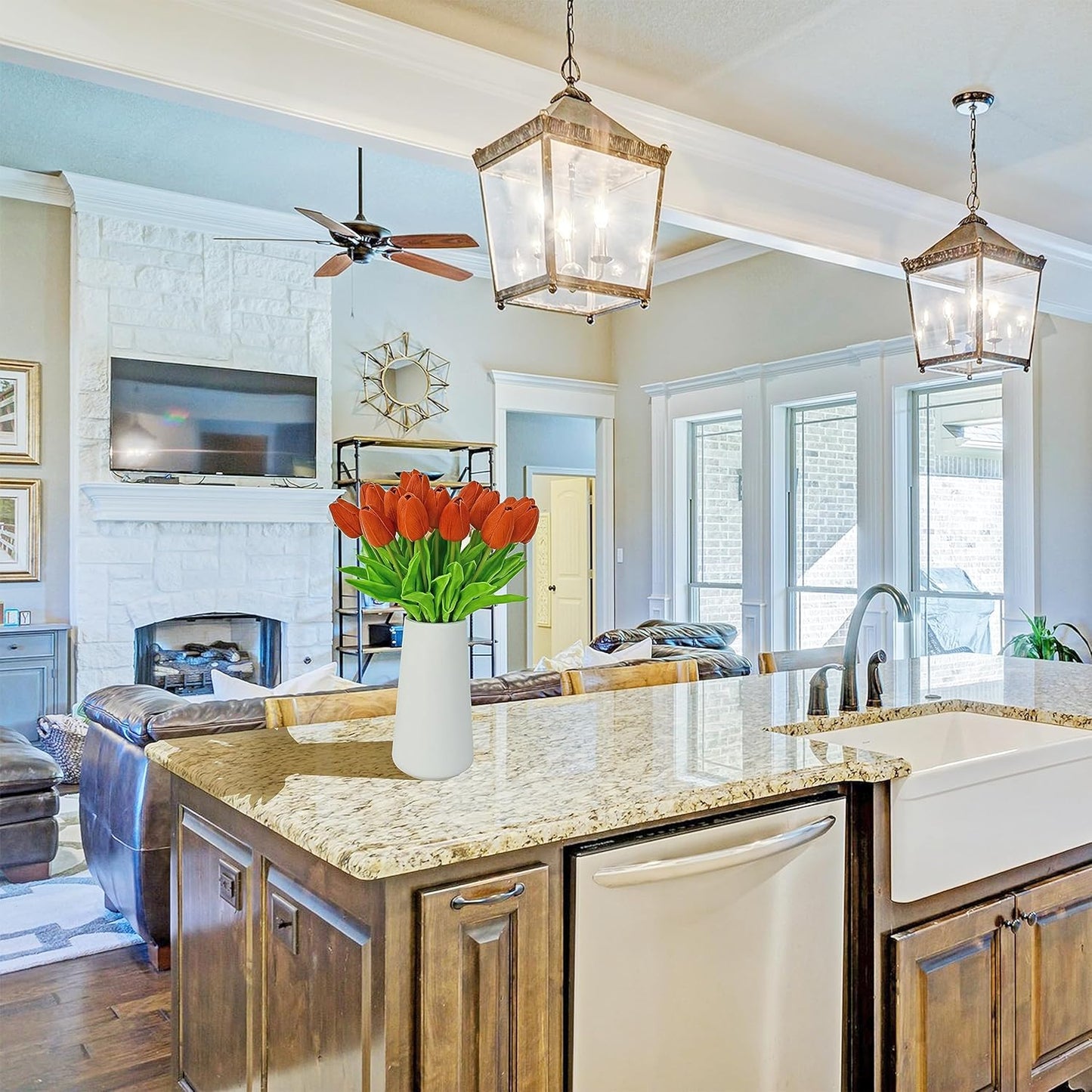 Mandy's Artificial Tulips 20 Stems Dark Orange PU Faux Flowers for Wedding Home Decor 13.5 Inch