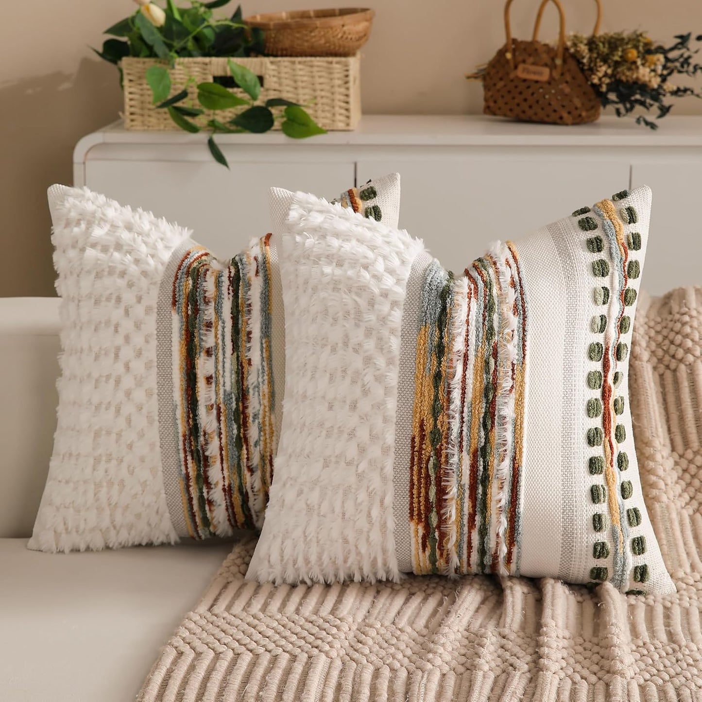 Boho Chenille Tufted Couch Throw Pillow Covers 18x18 Inch Set of 2 Farmhouse Striped Decorative Pillow Covers Accent Neutral Pillowcase Forest Cushion Cover for Living Room Sofa Bed