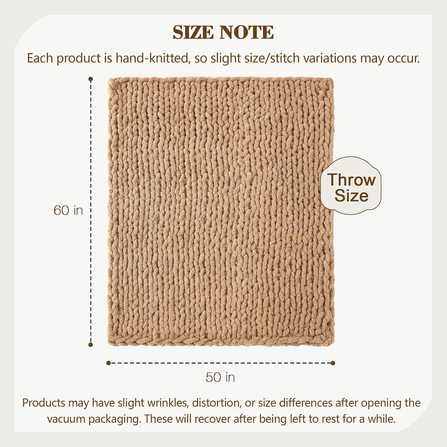 Carriediosa Chunky Knit Throw Blanket 50" X 60", 100% Hand Made Large Chenille Loop Yarn Soft Fluffy Throws for Couch Sofa Bed, Big Crochet Cozy Heavy Thick Cable Woven Blankets, Tan Brown