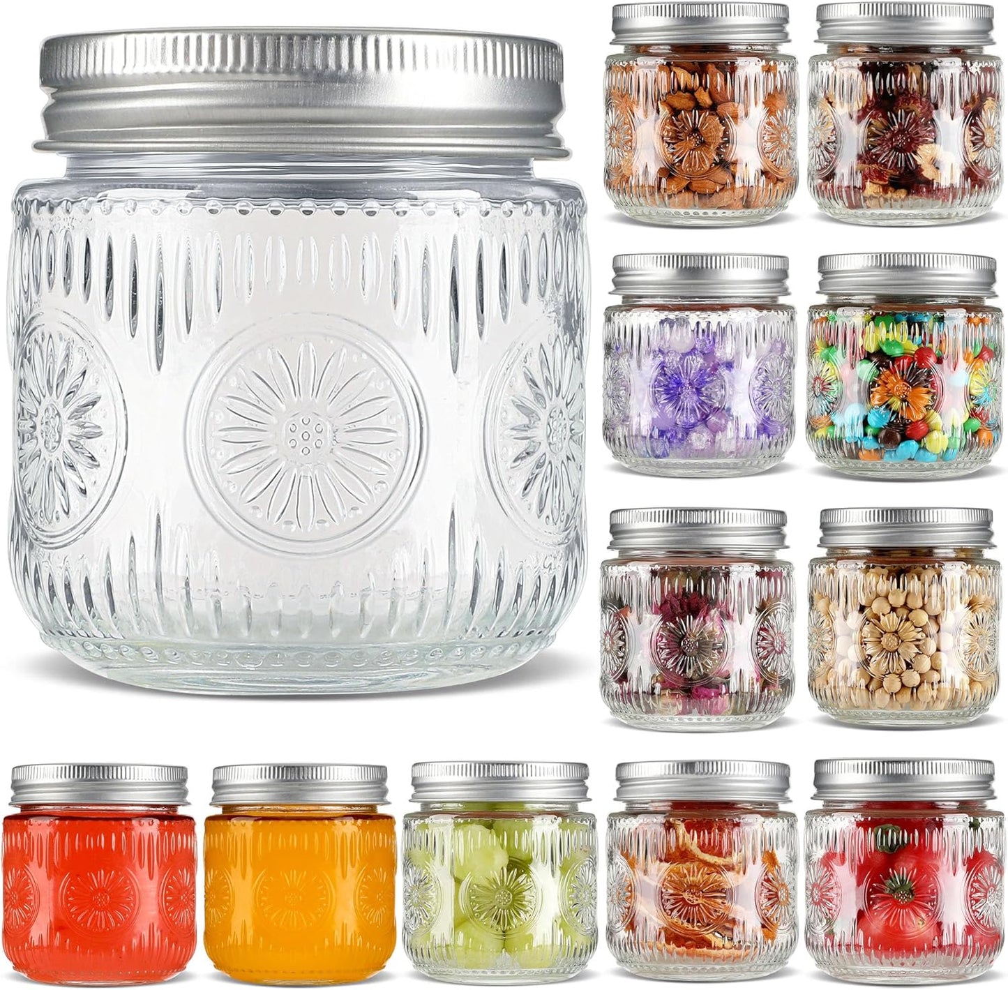 Mason Jars 8 oz - Vintage Small Glass Mason Jars with Silver Metal Lids, Regular Mouth Canning Jars, Safe For Storage, Canning, Pickling, Preserving, Fermenting, DIY Crafts & Decor (12Pack)