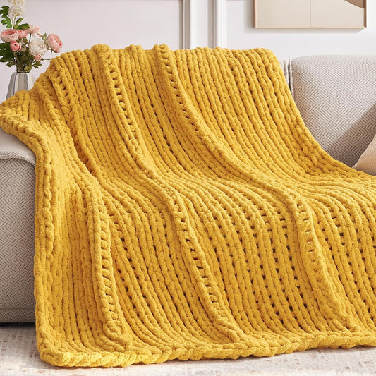 Chunky Knit Throw Blanket, 50''*60'' Knitted Throw Chenille Yarn for Bed Couch, Handmade Yellow Crochet Big Thick Blanket, Machine Washable Cute Comfy Blanket for Home Decor