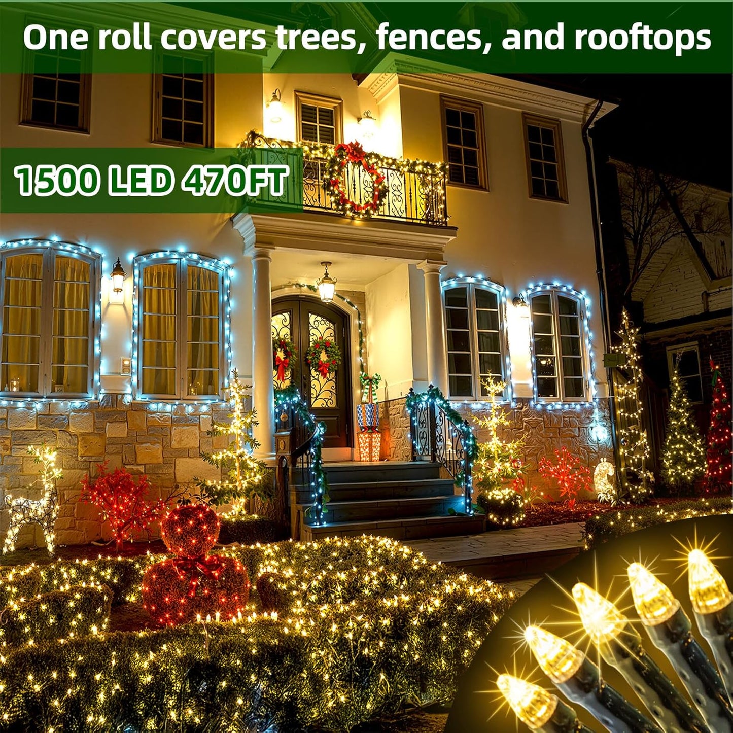 1500 LED 470FT Christmas Lights Outdoor,12 Lighting Modes Christmas String Lights with Timer, Dimmable Warm White LED StringLights Waterproof for Yard Tree Wedding Party Holiday Warm White