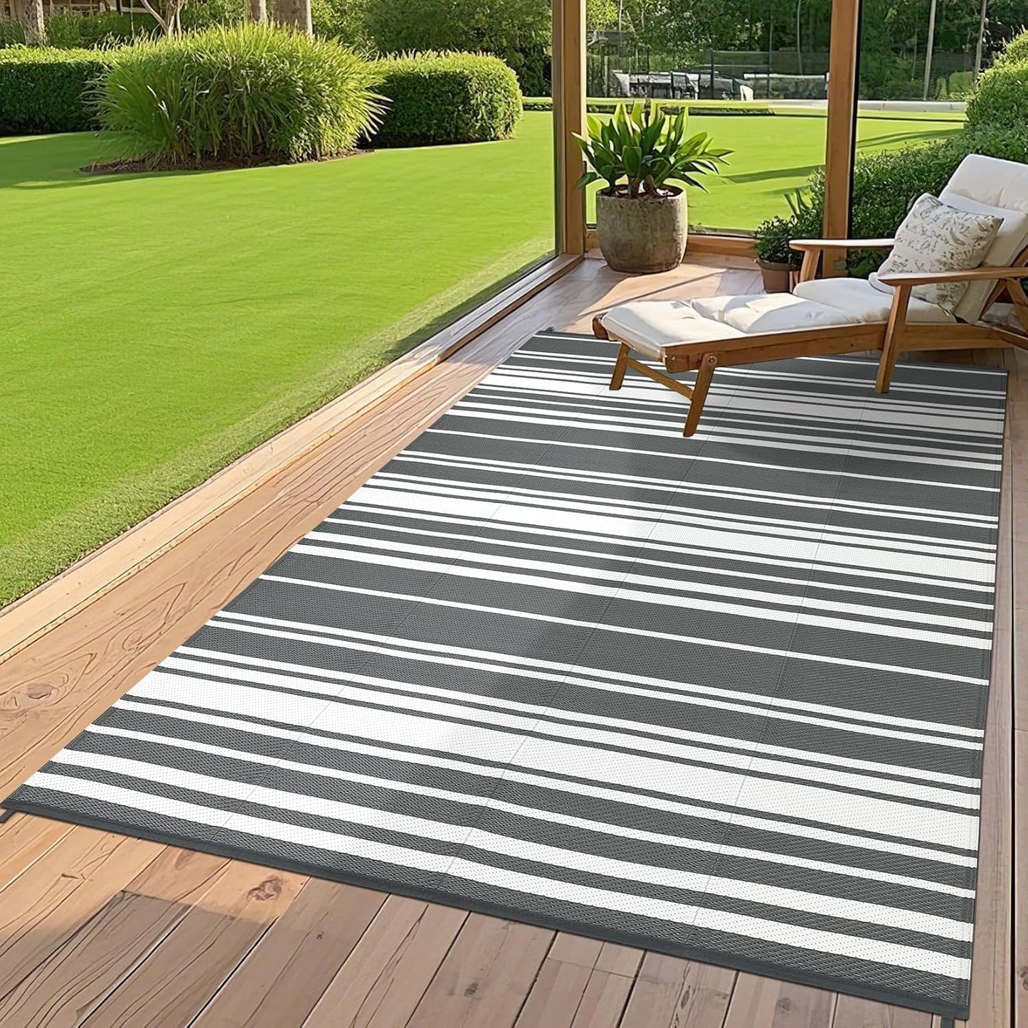 Outdoor Patio Rug 9x12 Stain-Resistant Reversible Camping Mat, Modern Striped Outdoor Plastic Straw Rug, Waterproof Outside Carpet, Easy to Clean for RV, Porch, Deck, Balcony, Grey