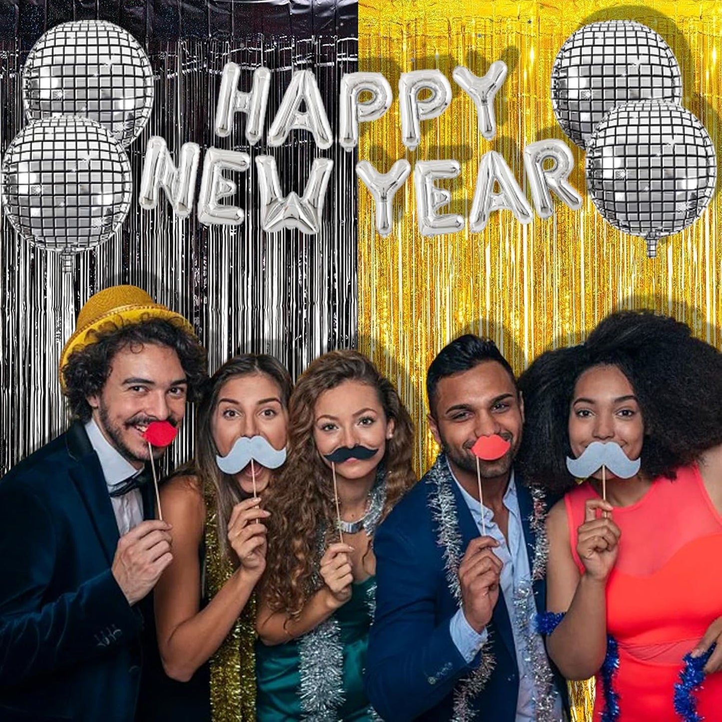 BRAVESHINE Black Gold Foil Fringe Curtain Backdrop - 2 Pack 3.2 x 8.2 ft Metallic Tinsel Photo Booth Streamers Curtains for 50th Birthdays Christmas New Years Anniversary Graduates Party Decorations