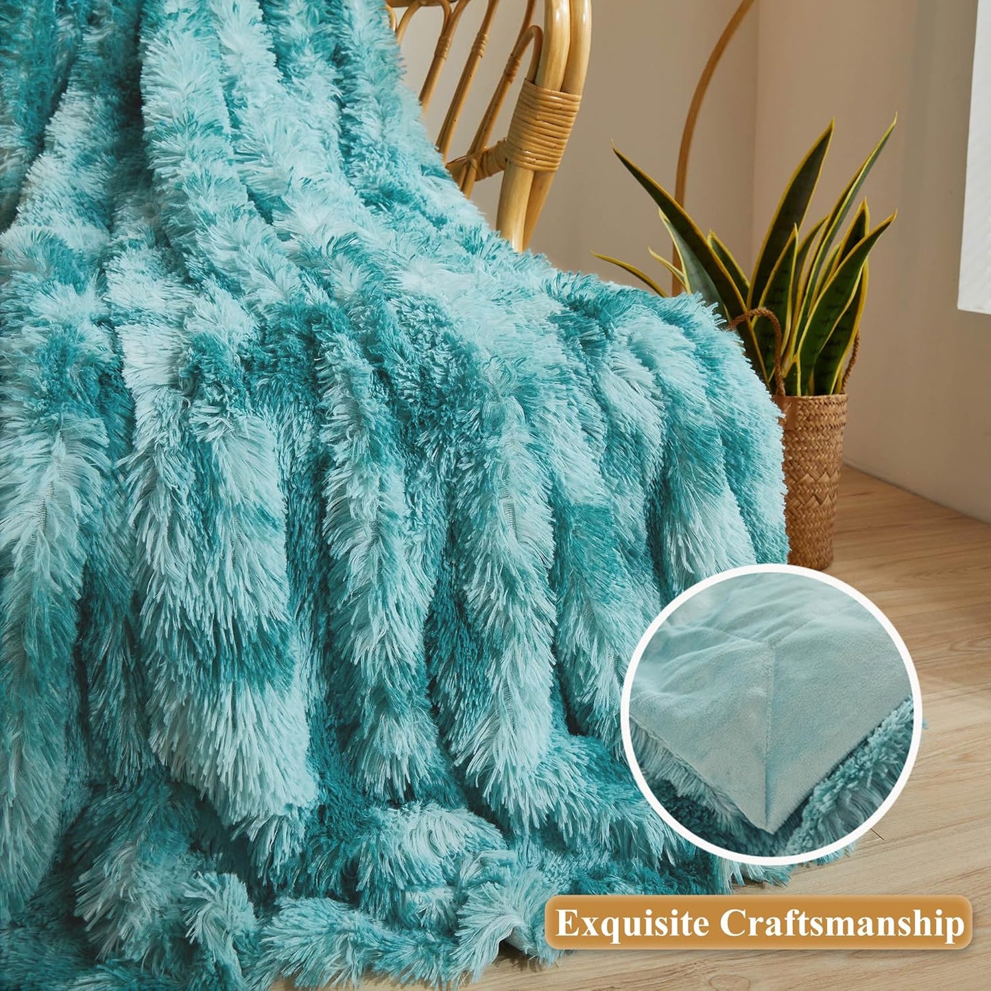 XeGe Tie Dye Plush Faux Fur Throw, Teal Soft 50x60 Shaggy Furry Blanket, Turquoise Fluffy Velvet Couch Throw, Comfy Ombre Fuzzy Lap Blanket for Bedroom Living Room Car Tie Dye Teal