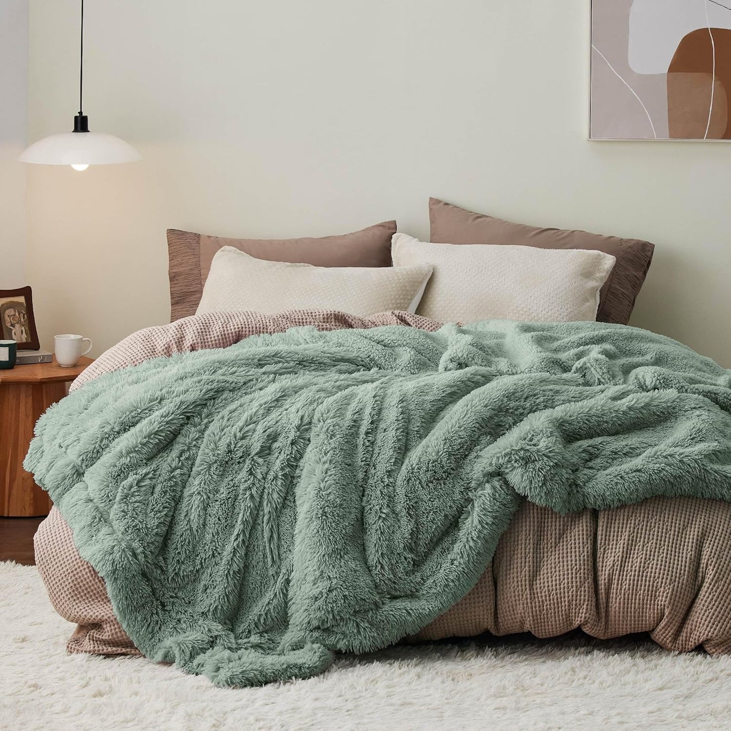 Bedsure GentleSoft Fluffy Sage Green Blankets Queen Size for Bed, Thick Sherpa Faux Fur Fleece Fuzzy Plush Winter Warm Soft Queen Blankets, Bedroom Decor Sage Green Cozy Gifts for Women Men, 90x90