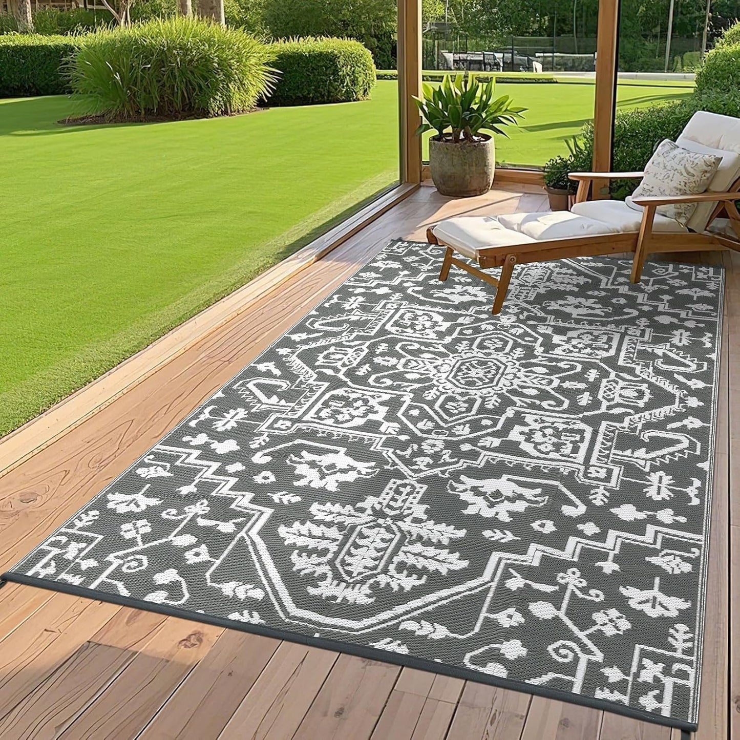 Outdoor Rug 8x10 Waterproof Reversible Plastic Straw Mat, UV-Resistant Vintage Medallion Camping Carpet for Patio, Deck, Balcony, Picnic, Large Outside Floor Mat, Grey White