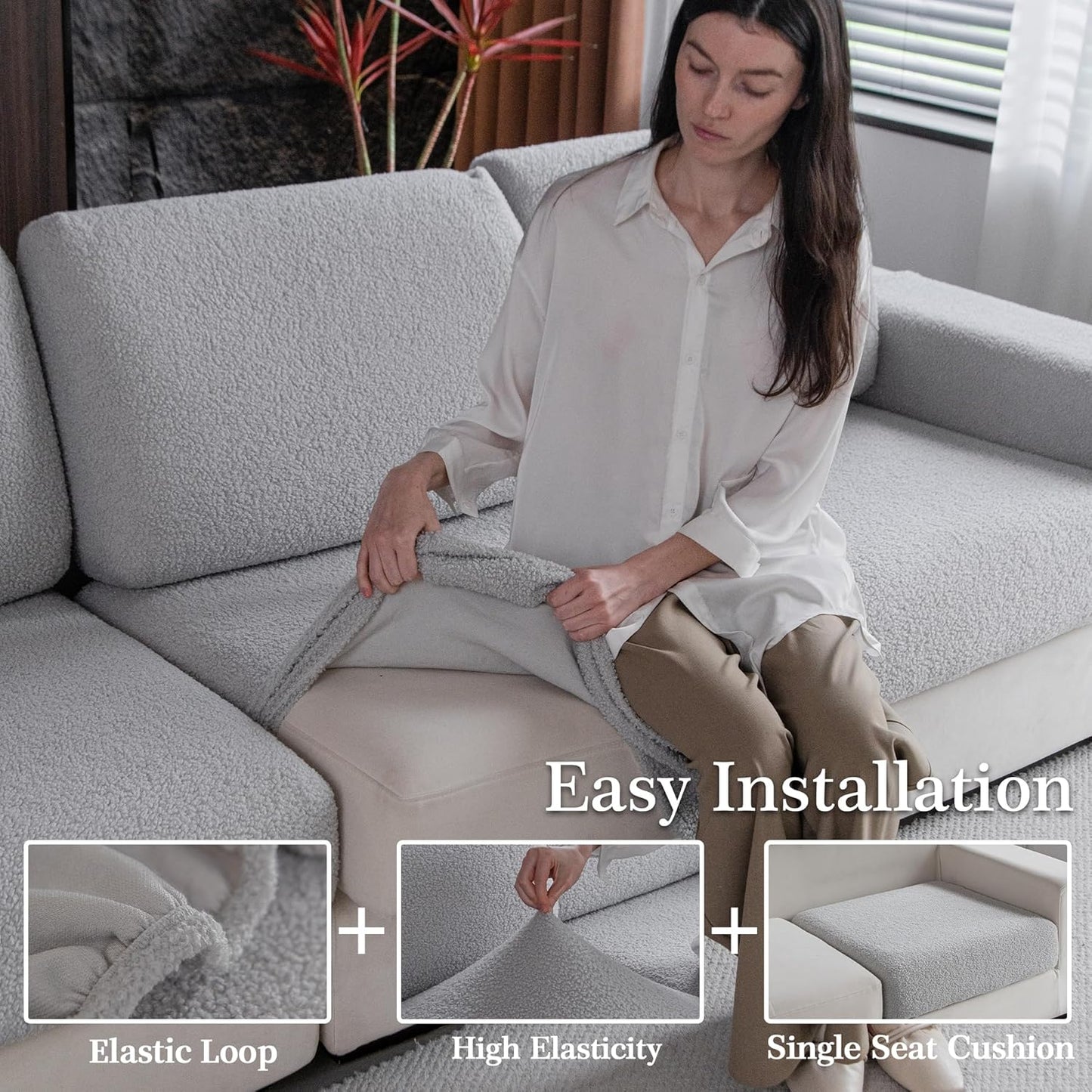 Couch Cushion Covers for Sectional Sofa, Stretch Soft Sofa Slipcovers Washable Wear-Resistant Universal Furniture Protector for Living Room(2 Seaters Covers+1 Chaise Cover, Light Gray)