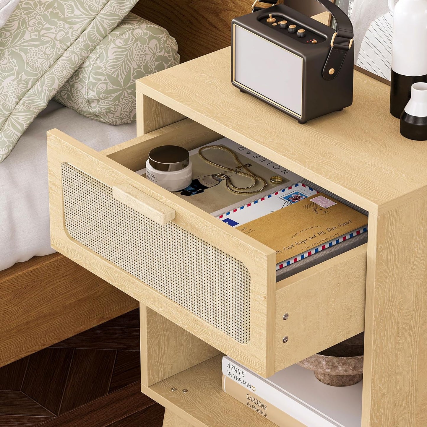 Rattan Nightstand with Opening Storage,Boho Bedside Table with Drawer,Wood Nightstand with Solid Wood Legs,End Side Table for Living Room,Bedroom,Small Space Natural CTG62Y