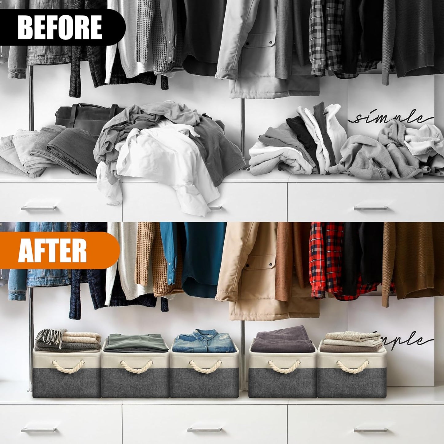 SIMPLE HOUSEWARE Large Fabric Storage Bin, 15.7" x 12" with Braided Handles, 3 Pack, Dark Gray