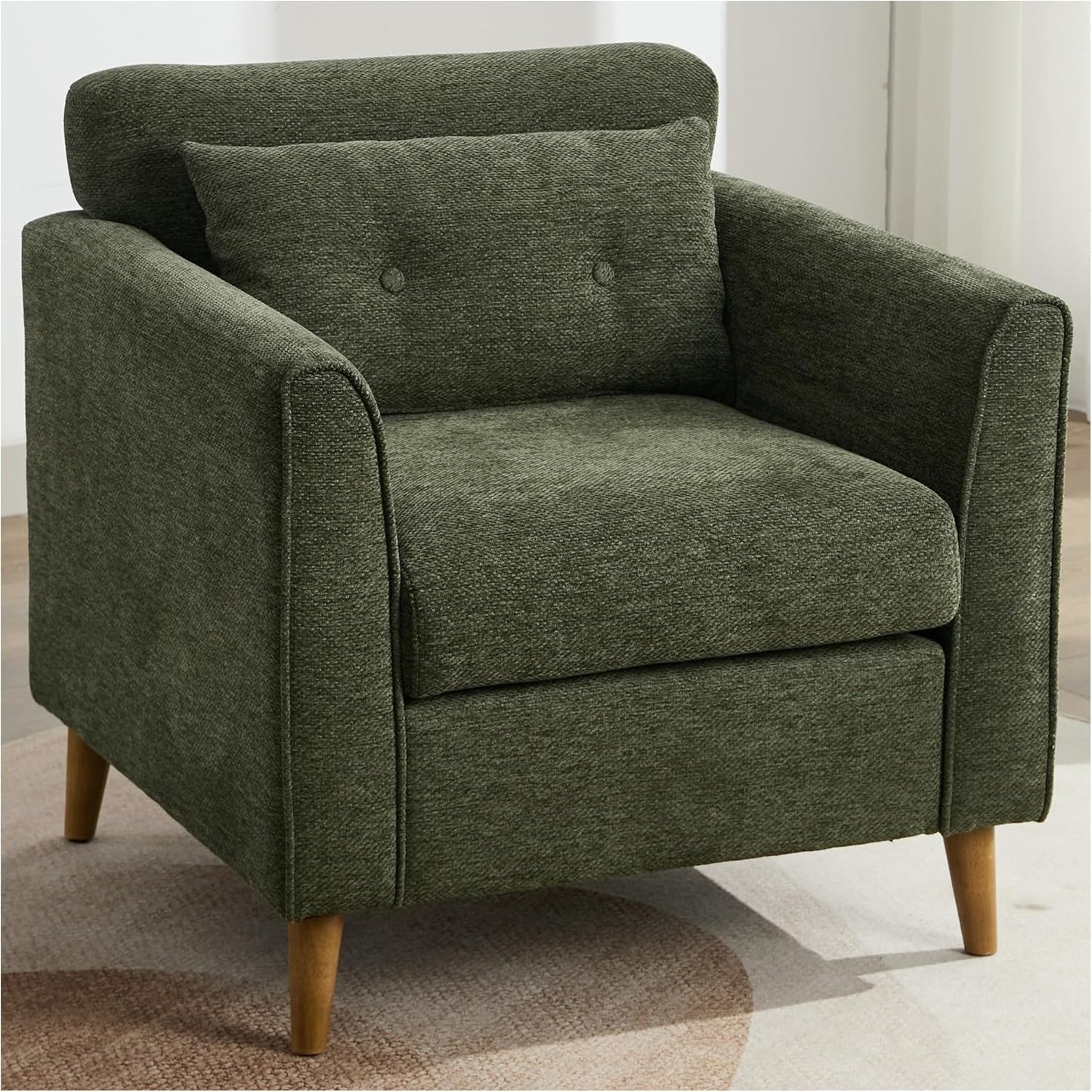 Modern Accent Chair with Wooden Legs Plush Fabric Armchair Cozy Reading Chair for Living Room, Bedroom, Study (Green Armchair)