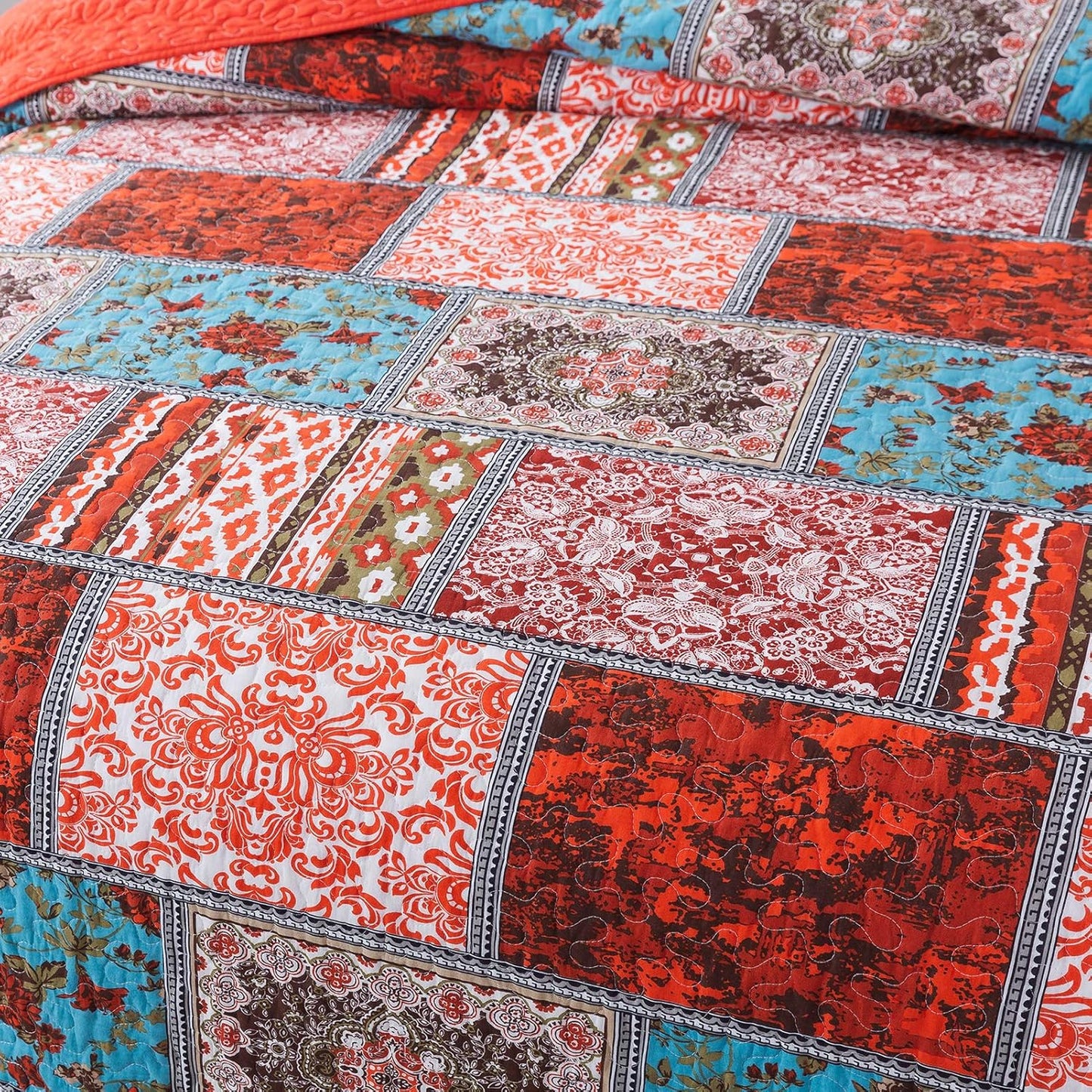 NEWLAKE Cotton Bedspread Quilt Sets-Reversible Patchwork Coverlet Set, Mediterranean Classic Bohemian Pattern,King Size