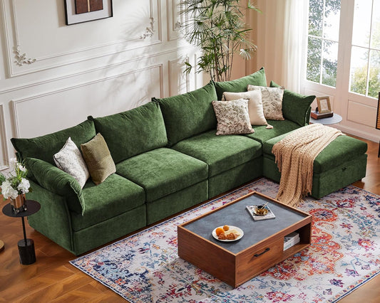 134.6" Luxury Modular Sectional Convertible Sofa with Storage Ottoman, L-Shape 5-Seat Oversized Comfy Couch Deep Seat with Reversible Chaise - Chenille Green