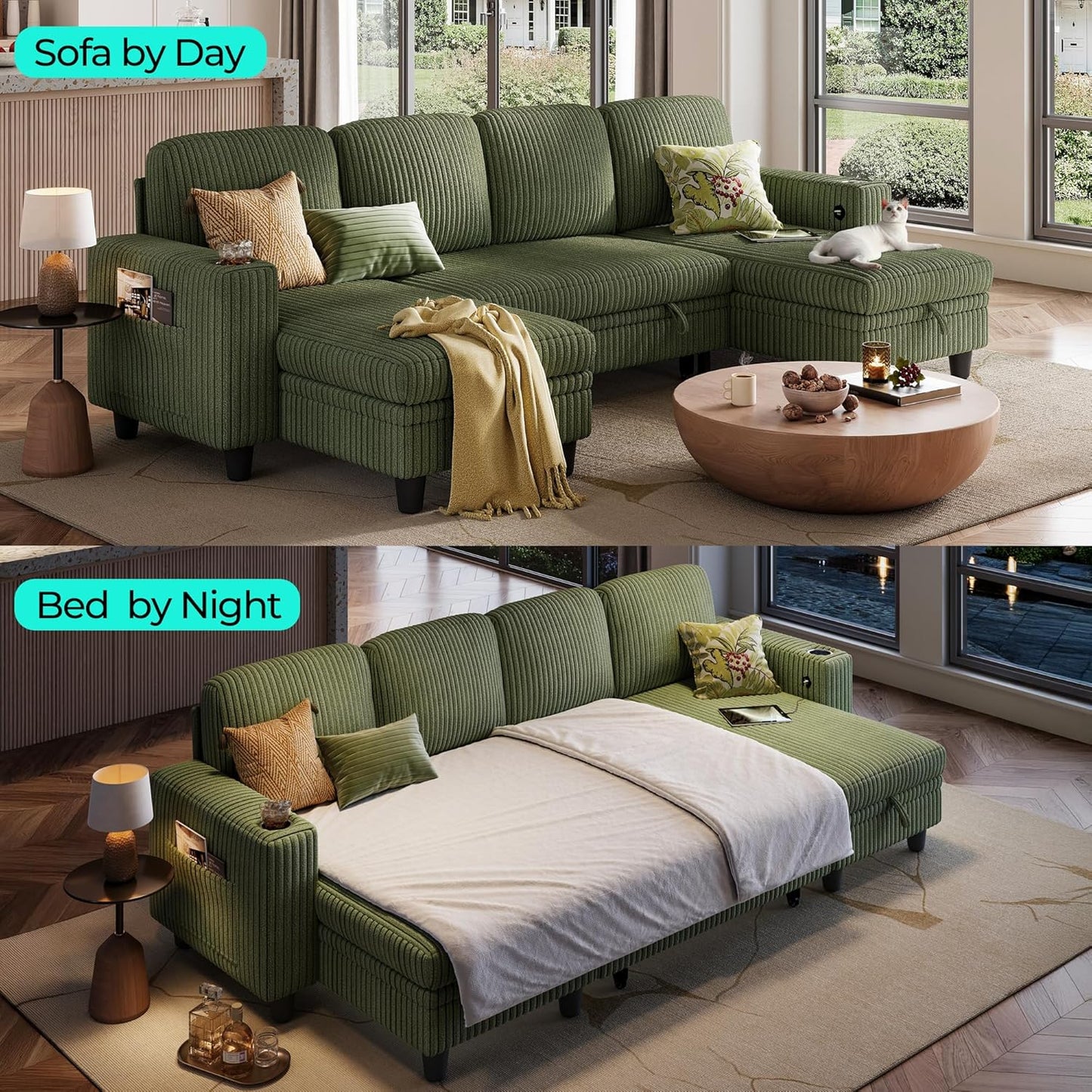 LINSY HOME Sectional Sleeper Sofa with Pull Out Couch Bed - Convertible Plush Corduroy Cloud Couch with Storage Chaise & USB Charging, Comfy U Shaped Modular Couches for Living Room, Green