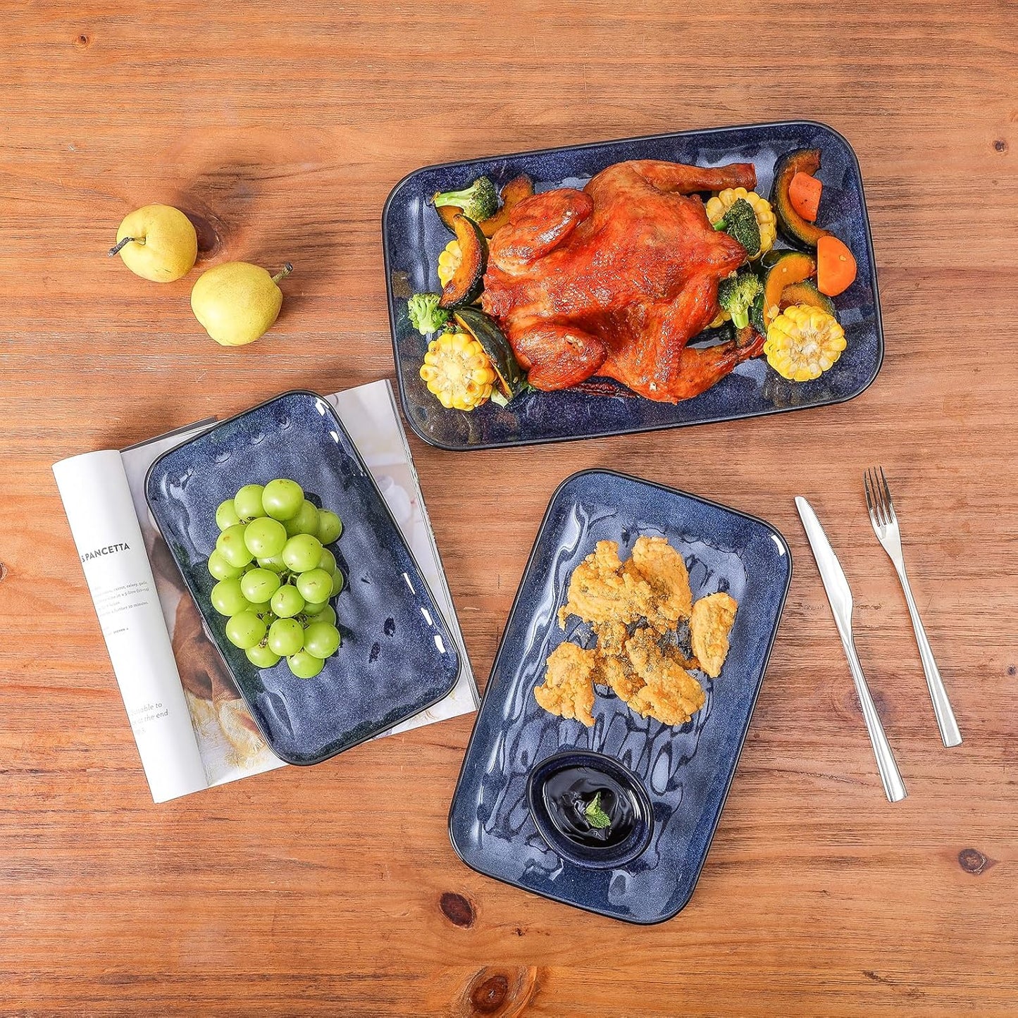 vicrays Ceramic Rectangle Serving Platters - 14" 12" 10" Porcelain Serving Trays Plates for Party BBQ Appetizers Sushi Dessert - Microwave Oven and Dishwasher Safe - Set of 3 Blue