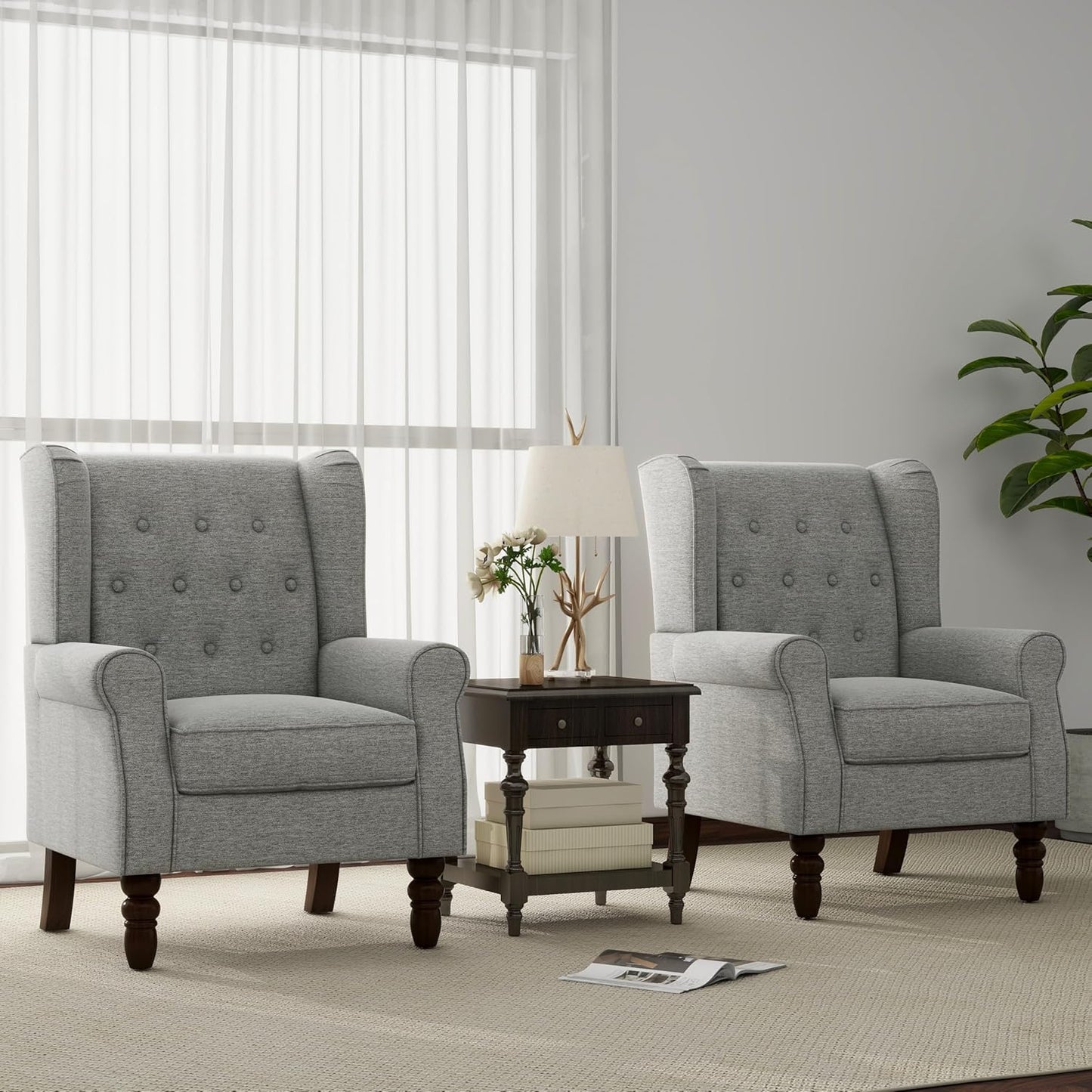 Accent Chair, Upholstered Armchair with Button Tufted High Back & Solid Wood Legs, Comfy Wingback Reading Single Sofa Chair for Small Spaces, Living Room, Bedroom (Light Grey, Set of 2)