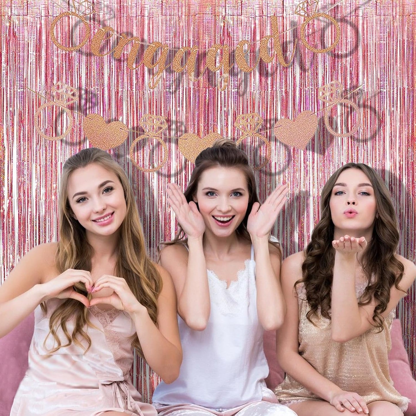 BRAVESHINE Rose-Gold Tinsel Foil Fringe Curtains - 2Pcs 3.2x8.2ft Metallic Holiday Photo Booth Backdrop Party Supplies for Birthdays Valentines Day Bridal Shower Bachelorette Engagement Party