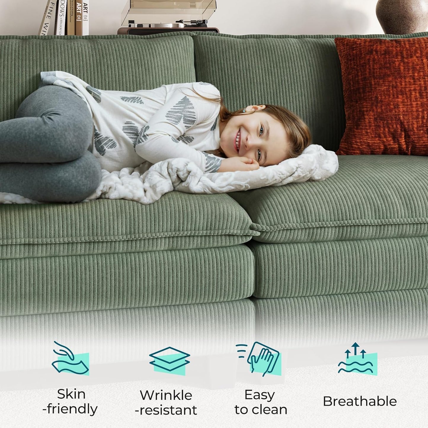 LINSY HOME Modular Sectional Sofa - 90'' Sleeper Sofa Cloud Couch Oversized Corduroy Sofa Bed with Movable Ottoman Soft Modern Comfy Couch for Living Room Apartment Office, Green