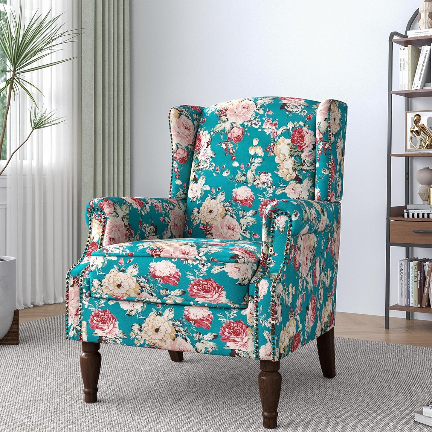 Lumibee Wingback Accent Chair,High Back Floral Armchairs in Fabric,Comfy Upholstered Reading Single Sofa Chair with Solid Wood Legs for Living Room,Bedroom,Office-Peacock Blue