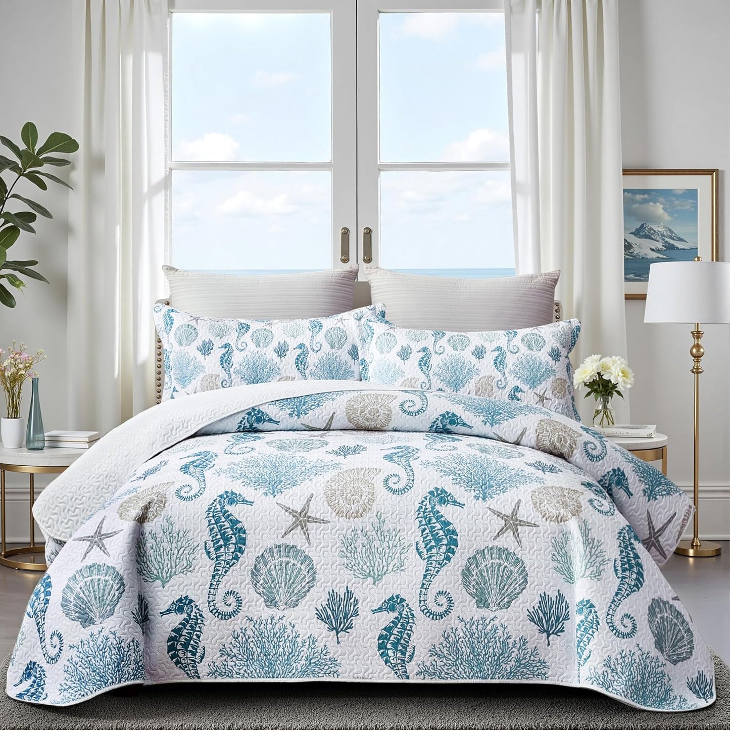 Coastal Bedding Queen Size Coastal Quilt with 2 Shams, Nautical Beach Comforter Sets Ocean Bedspreads Blue Seahorse Coverlet Summer Bedding, 90''x96''