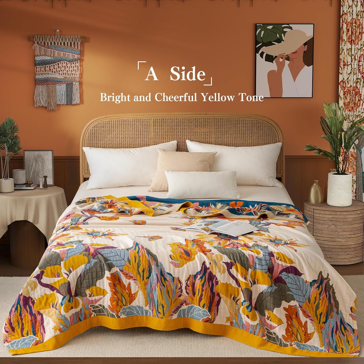 Boho Throw Blanket Twin Size, Soft Cozy Cotton Muslin Quilt Blanket for Bed Decor, Floral Patterned Couch Sofa Chair Cover, Vintage Farmhouse Cottage Tapestry Woven Blanket, Yellow&Blue