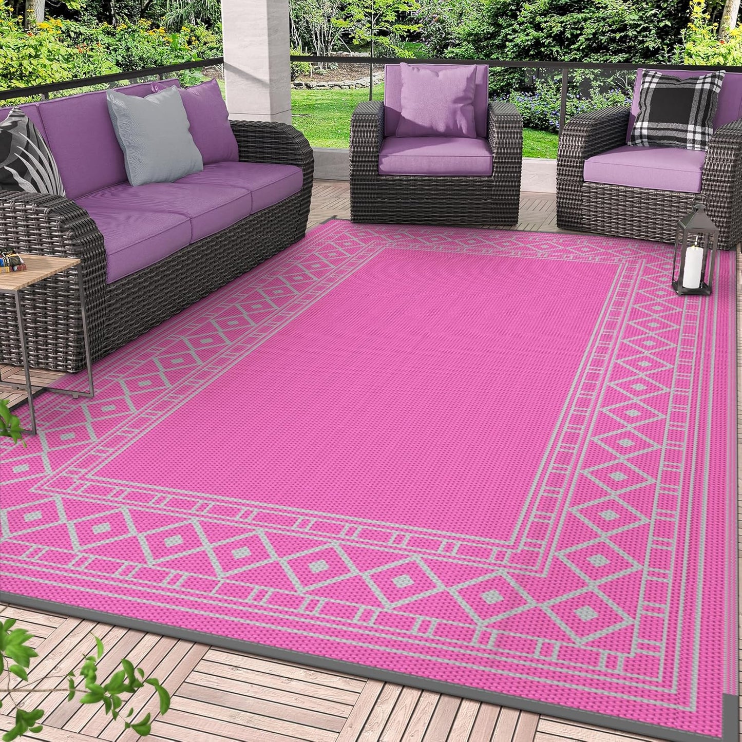 GENIMO Outdoor Rug Waterproof 6'x9' for Patio, Foldable Reversible Plastic Straw Carpet for Travel Trailers, Outside Area Mat for Rv, Deck, Picnic, Porch, Camper, Balcony, Beach, Pink & Grey