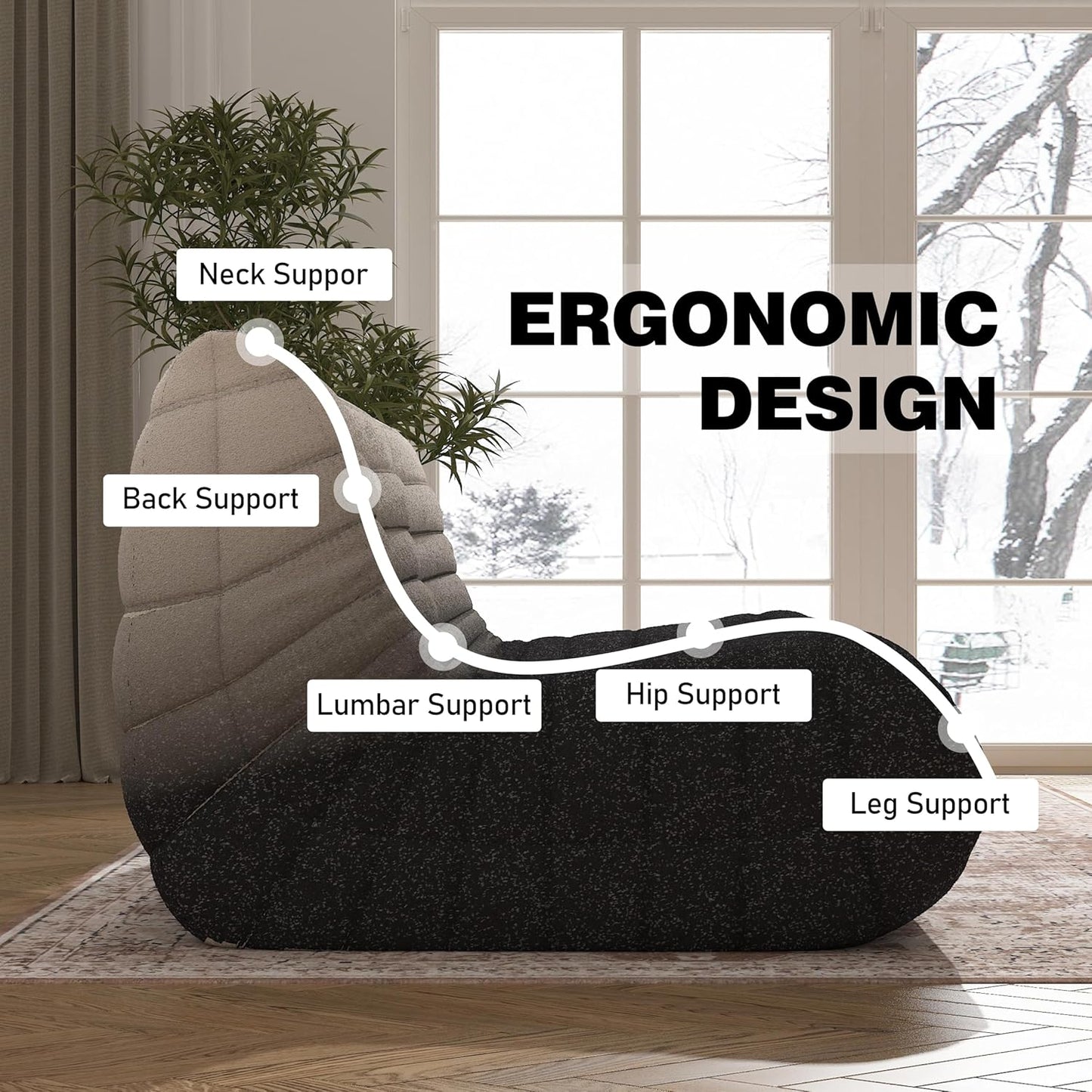 Bean Bag Chair, Loveseat Fireside Chair Bean Bag Sofa Large Bean Bag Chair for Adults, 2 Seater Bean Bag Chairs for Teens with High Density Comfortable Foam, Bean Bag for Living Room (Black&White)